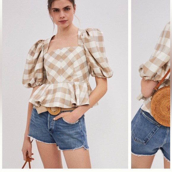 HUNTER BELL Tops - Plaid Puff Sleeve Peplum Top